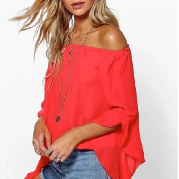 Boohoo Tops - Red off the shoulder blouse
